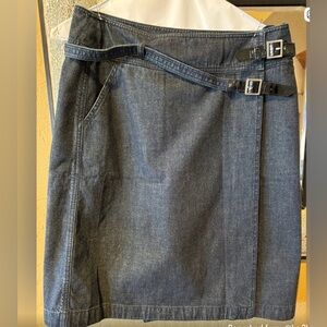 CHANEL Rare Buckle Belted Denim Wrap Skirt With Pocket & CHANEL Logo Hardware